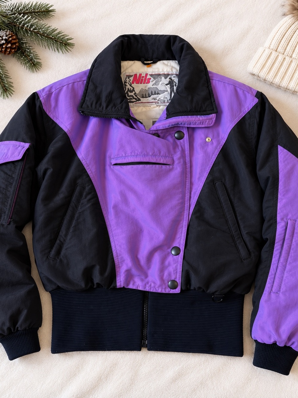 Vintage NILS Women’s Ski Jacket Size 10 Purple Black Retro 80s 90s Snow Coat